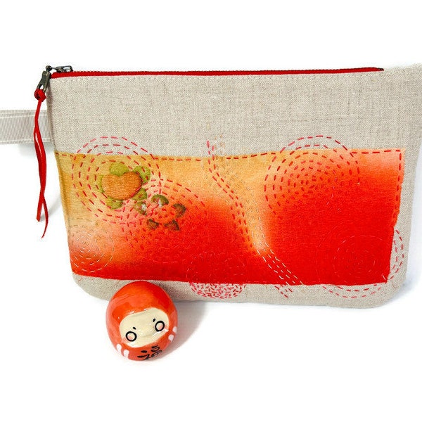Linen Zipper Pouch, Boro inspired patchwork with Sashiko embroidery Purse, Japanese Style Clutch, Flat hand-held Bag