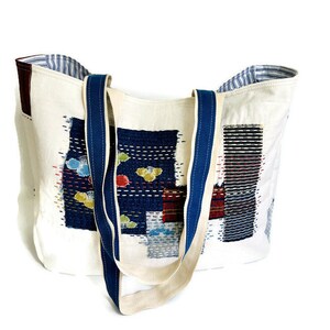 Large Linen & Japanese Vintage Fabric Tote, Boro Inspired