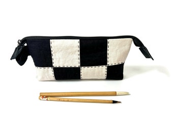 Beige and Black Linen Zipper Pouch, Checkerboard Pencil Case, Elegant Makeup Bag, Geometric patchwork Purse, Hand embroidered