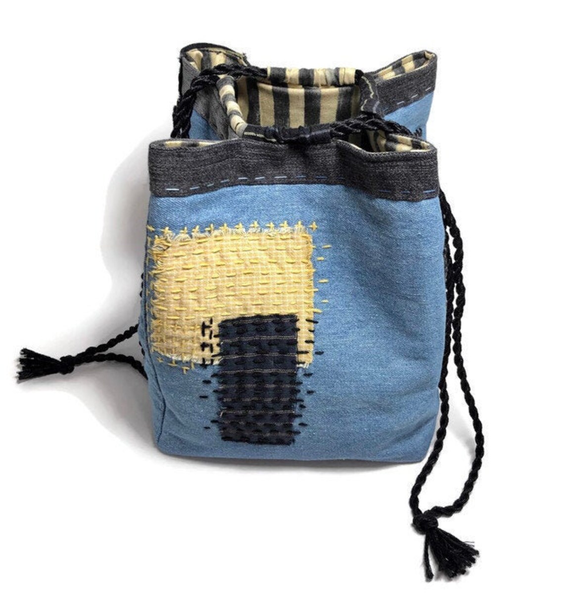 Komebukuro Japanese Drawstring Bag with Boro & Sashiko Hand Etsy