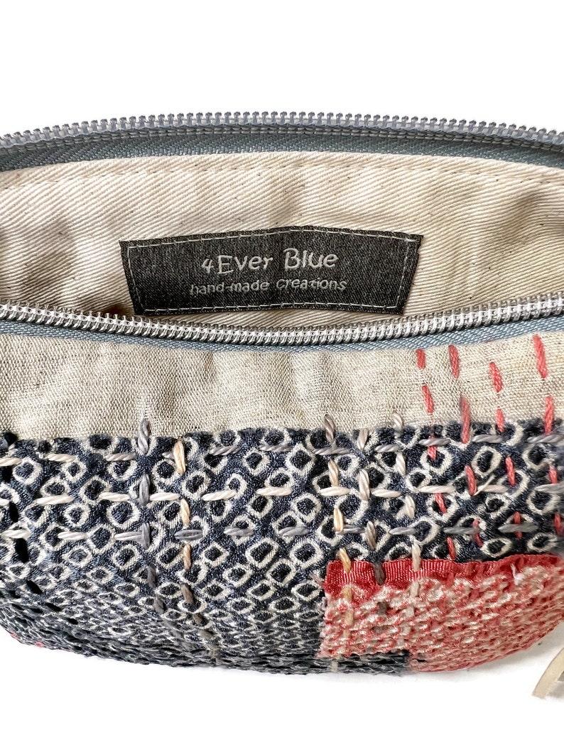 Zipper Bag, Clutch Purse, Make-up Pouch, made from Boro inspired patchwork using up cycled Silk Fabrics, Sashiko Embroidery, Japanese Style image 6