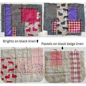 May include: Four fabric squares with different patterns and colors. The top left square is a patchwork of pink, purple, black and white stripes, and gray. The top right square is a patchwork of black and white stripes, black and white animal print, red and white gingham, and purple. The bottom left square is a patchwork of pink and white floral print, pink and white stripes, and pink animal print on a gray background. The bottom right square is a patchwork of pink and white stripes, pink and white gingham, and gray on a gray background. The squares are labeled "Brights on black linen" and "Pastels on black beige linen".