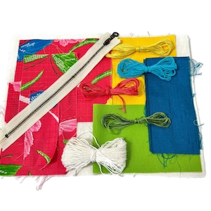 KIT only - Make your own Sashiko/Boro Pouch - Japanese patchwork - slow stitching - visible mending - Zipper Pouch - Wristlet - Fibre Art