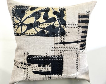 Linen Cushion Cover with Sashiko stitching featuring Australian Designer Textiles. Boro Japanese style patchwork, in beige, black & blue