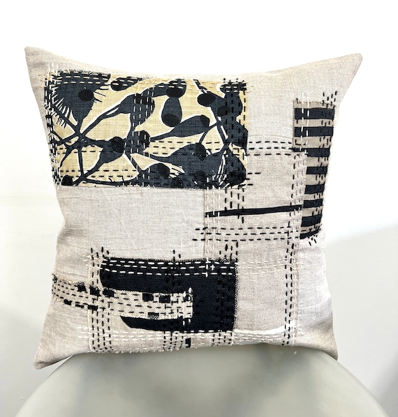 Linen Cushion Cover: Sashiko Stitching, Boro Patchwork, Australian Designer Textiles