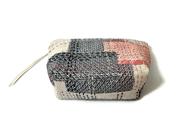 Zipper Bag, Clutch Purse, Make-up Pouch, made from Boro inspired patchwork using up cycled Silk Fabrics, Sashiko Embroidery, Japanese Style image 3