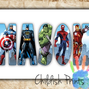 personalised SUPERHERO character name art gift idea printable - with skyline background