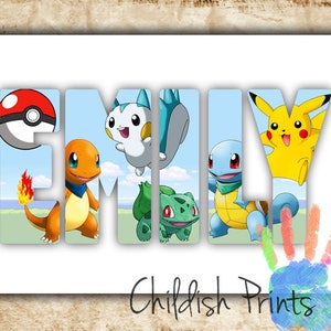 Impresión de arte imprimible con el nombre del personaje de POKEMON personalizado: Pikachu, Charmander, Bulbasaur, Squirtle