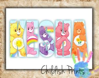 personalised CARE BEARS character name art gift idea printable - Funshine Cheer Grumpy Love-a-lot Share Wish Best Friend