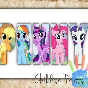 Idée cadeau personnalisée art nom du personnage MY LITTLE PONY à imprimer - tiret arc-en-ciel, flottement timide, scintillement du crépuscule, tarte au petit doigt, pomme jack