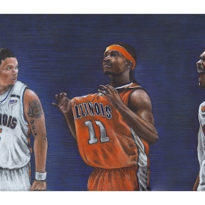 May include: A painting of five basketball players in orange and white jerseys with the word "ILLINOIS" on them. The players are in action poses against a dark blue background. The painting captures a moment of a basketball game.