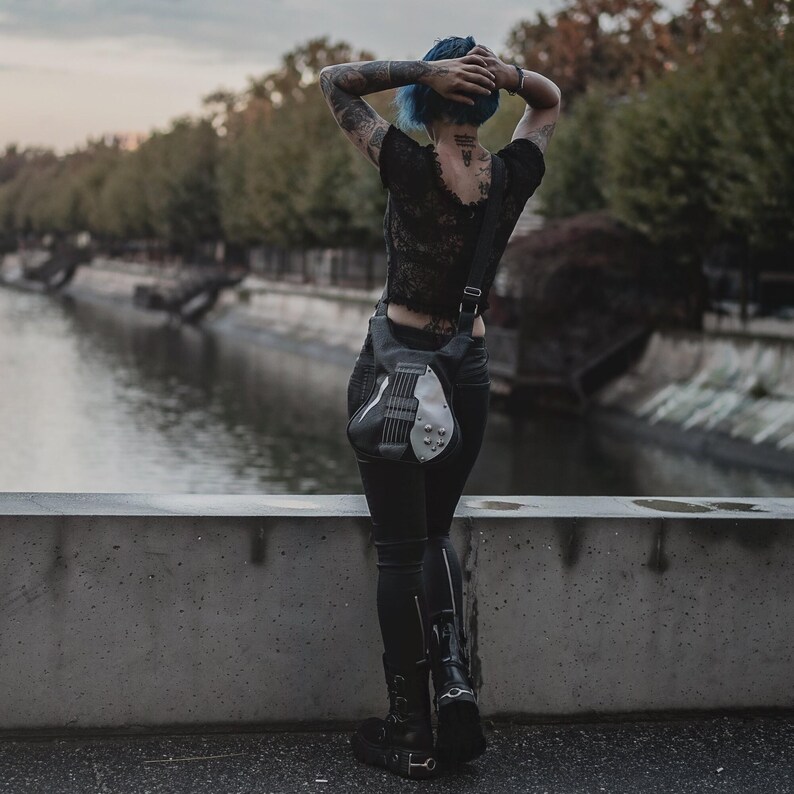 Electric Guitar Vegan Leather Bag, Handmade Italian Leather Shoulder Bag, Rock Fashion Messenger Shoulder Bag