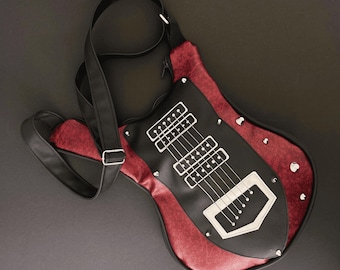 Gitaarliefhebber muzikant geschenken, unieke tas gitaarvorm, veganistisch Italiaans leren rockstijl tas