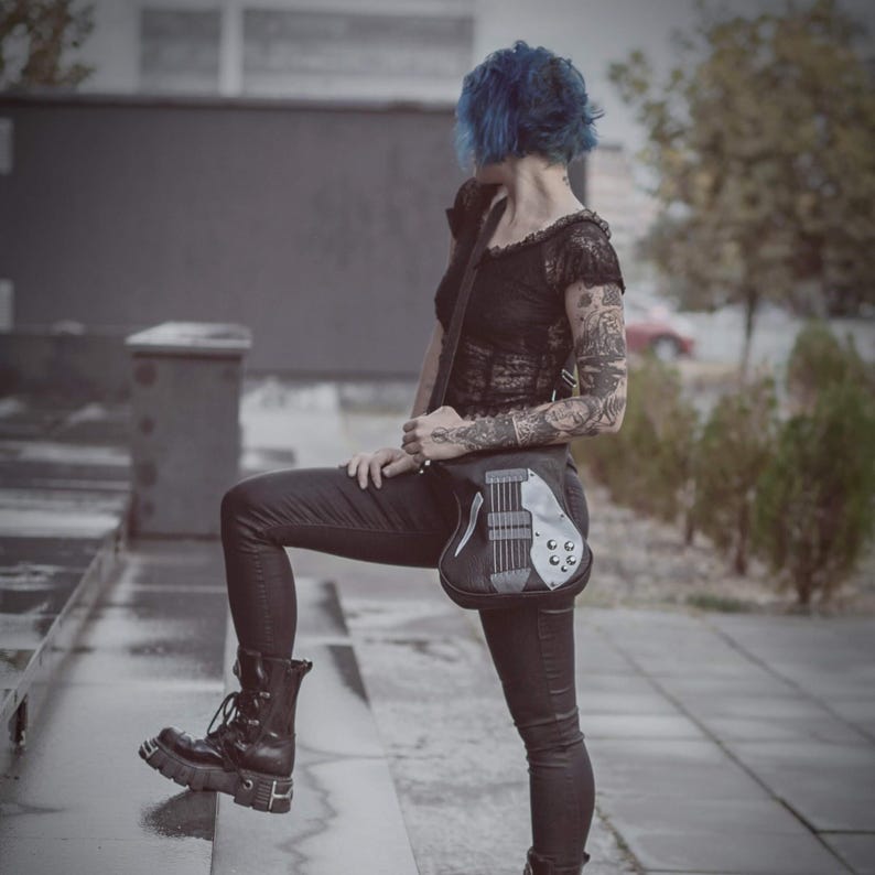 Electric Guitar Vegan Leather Bag, Handmade Italian Leather Shoulder Bag, Rock Fashion Messenger Shoulder Bag
