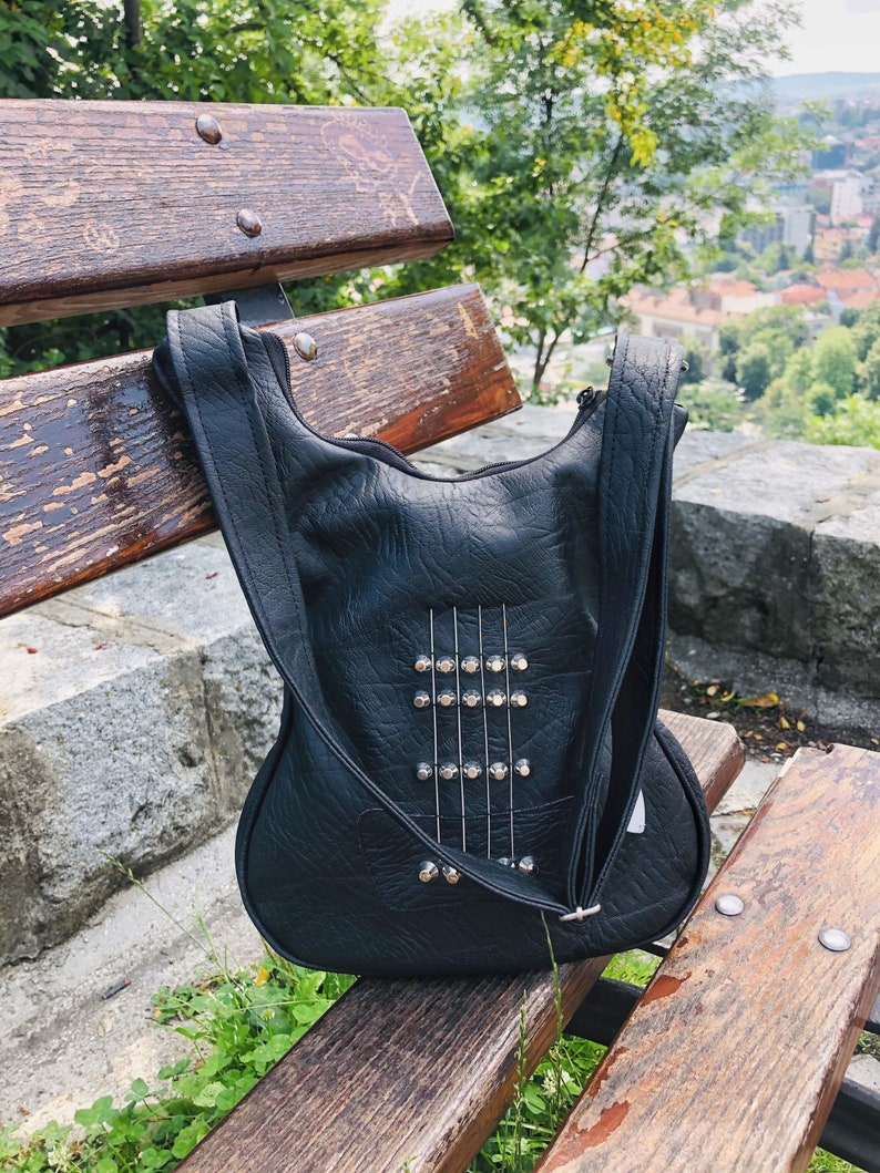 Bass Guitar Strap Leather Backpack Black Gothic Handbag Rock Etsy