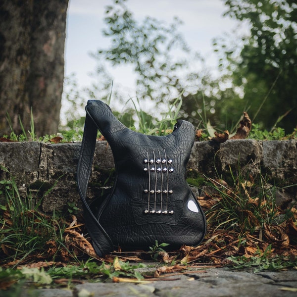 Bass Guitar Goth Bag Strap, Black Crossbody Leather Strap Purse, Black Satchel Rock Bag, Custom Electric Guitar Purse, Music Gift