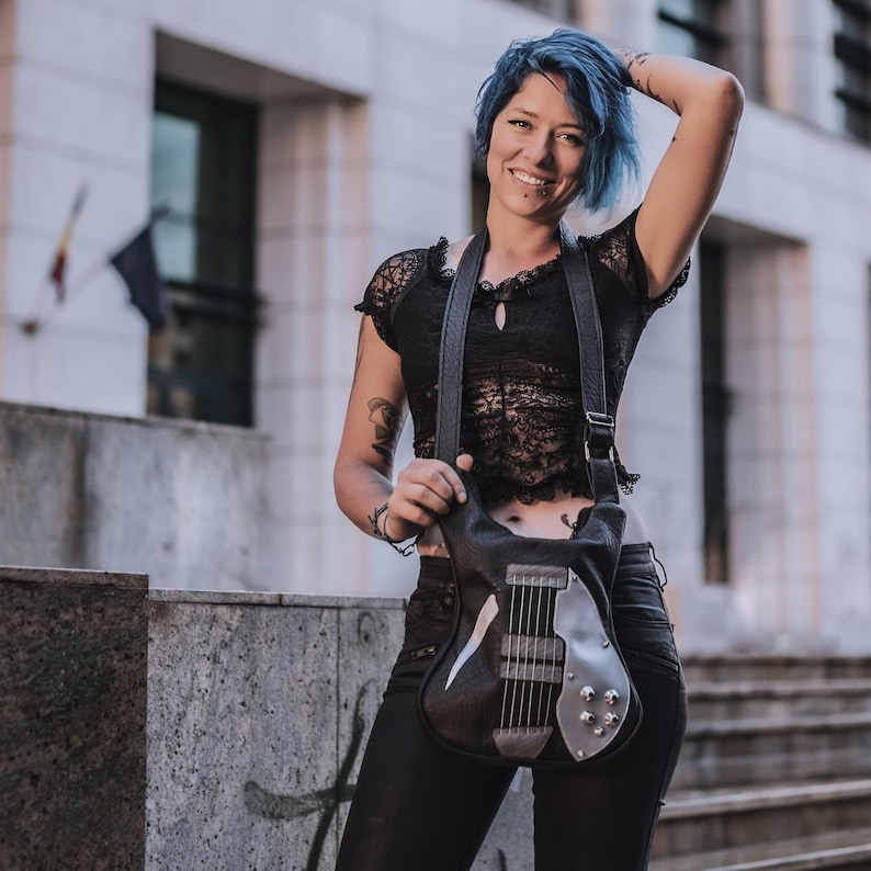 Electric Guitar Vegan Leather Bag, Handmade Italian Leather Shoulder Bag, Rock Fashion Messenger Shoulder Bag