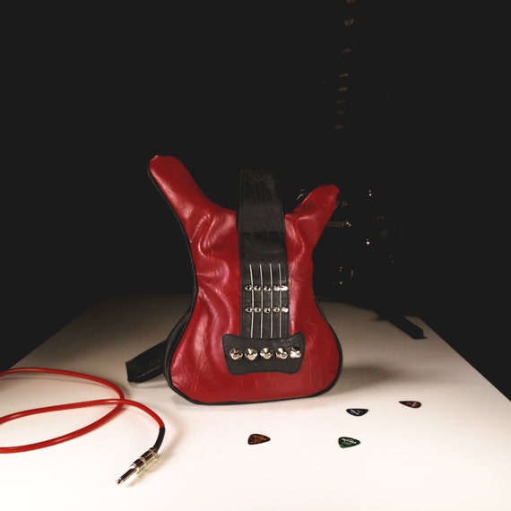 Guitar Shaped Red Vegan Leather Bag: Festival Mini Backpack  display picture 1