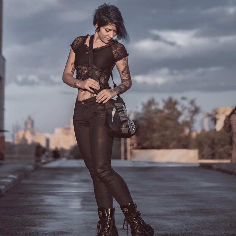 Electric Guitar Vegan Leather Bag, Handmade Italian Leather Shoulder Bag, Rock Fashion Messenger Shoulder Bag