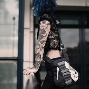 Electric Guitar Vegan Leather Bag, Handmade Italian Leather Shoulder Bag, Rock Fashion Messenger Shoulder Bag