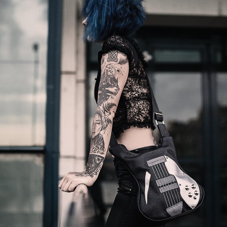 Electric Guitar Vegan Leather Bag, Handmade Italian Leather Shoulder Bag, Rock Fashion Messenger Shoulder Bag