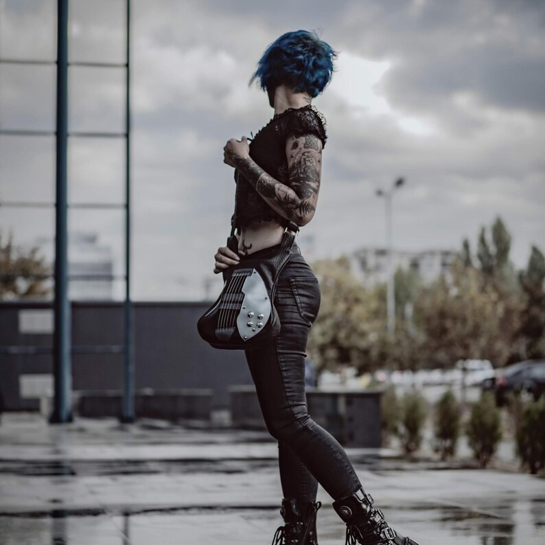 Electric Guitar Vegan Leather Bag, Handmade Italian Leather Shoulder Bag, Rock Fashion Messenger Shoulder Bag
