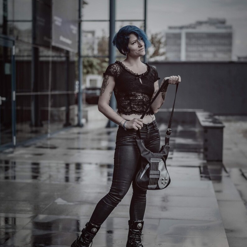 Electric Guitar Vegan Leather Bag, Handmade Italian Leather Shoulder Bag, Rock Fashion Messenger Shoulder Bag