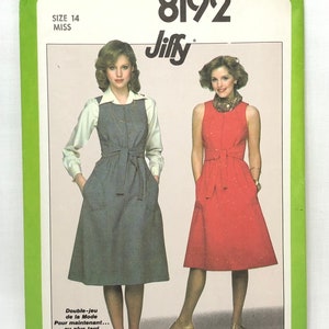 70's CUT Pattern, Misses' Easy Dress or Jumper with Pockets, Size 14 Bust 36 Inches, Simplicity Jiffy 8192 image 1