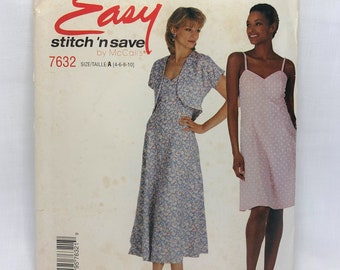 Easy McCall's 7632, 90's Sewing Pattern, Misses' Unlined Bolero & Spaghetti Strap Dress, Size 4-10, Bust 29.5-32.5 Inches