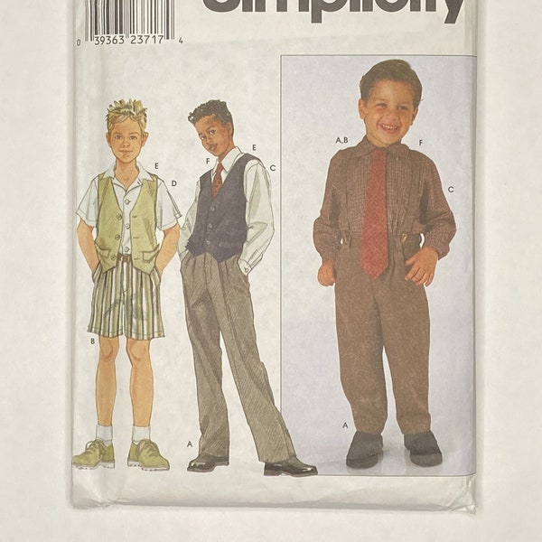 Simplicity 9074, Boy's Pants or Shorts, Suspenders, Shirt, Vest & Neck Tie Sewing Pattern, Size 3-8