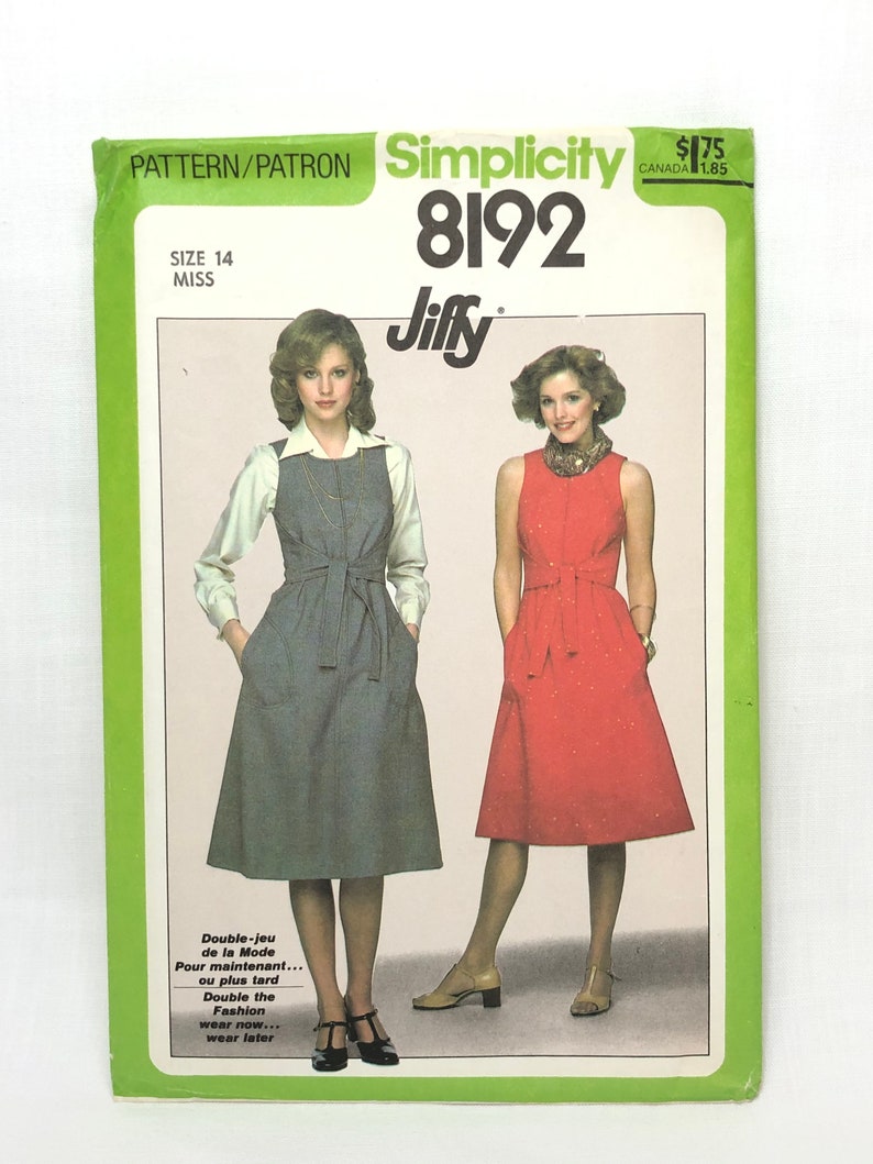 70's CUT Pattern, Misses' Easy Dress or Jumper with Pockets, Size 14 Bust 36 Inches, Simplicity Jiffy 8192 image 1