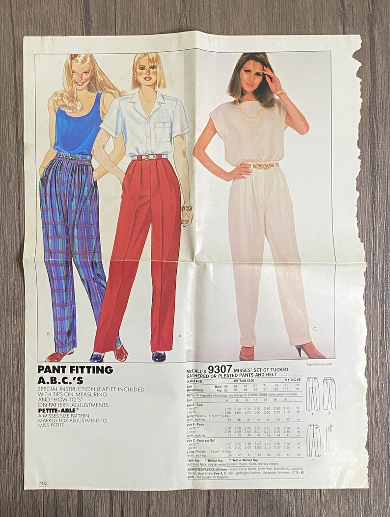 80's Sewing Pattern for Misses' Pants & Belt, Size 14, McCall's 9307 image 1