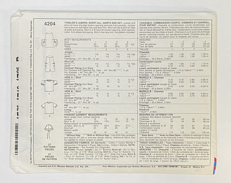 Toddler/Girls/Boys Jumper, Short-All, Shirts & Hat, Size 4, McCall's 4204, Kitty Benton, 80's Sewing Pattern image 2