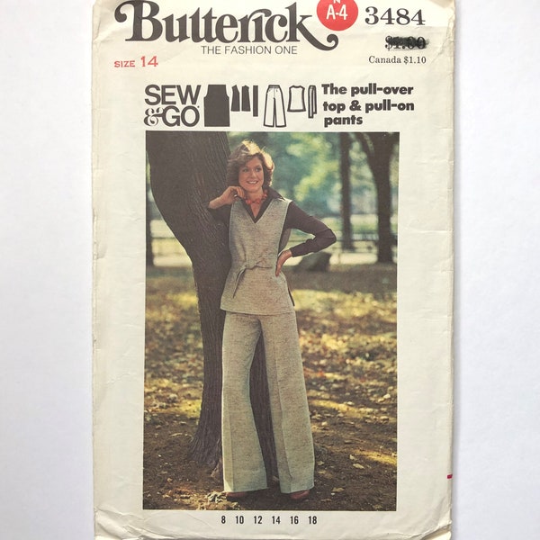 Butterick 3484, 70's Cut/ Easy Sewing Pattern, Misses' Pullover V-neck Top, Pull-On Pants, Size 14 Bust 36 Waist 28 Inch