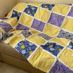 Yellow, Purple and Blue Rag Quilt - 65&quot; x 52&quot;