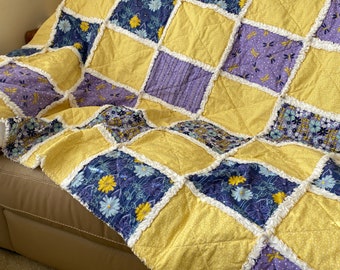 Yellow, Purple and Blue Rag Quilt - 65" x 52"