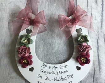 SPECIAL  DELIVERY Next Day before 1pm  Personalised Wedding Horseshoe wedding gift keepsake any colour flowers and ribbon of your choice.