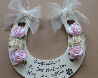 Personalised Wedding Horseshoe From Pets On Wedding Day, Pet gift with paw print from dogs/cats/animal print. any colour flowers & ribbon