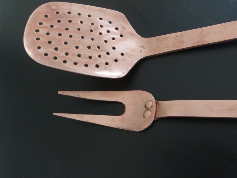 Vintage French Copper fork and straining spoon with hooked Etsy