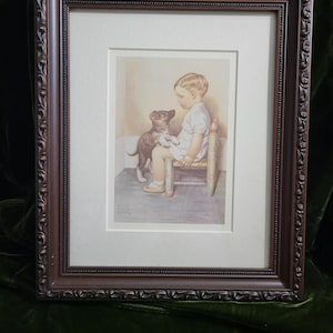 Vintage Bessie Pease Gutmann Framed Print from 1940&#39;s Little Boy and Puppy