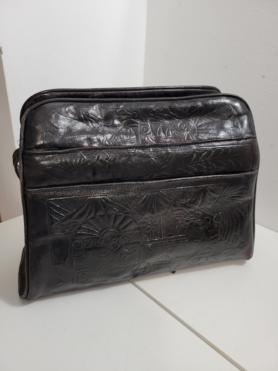 Vintage 40's Black Leather Toiled Mexcian Handbag