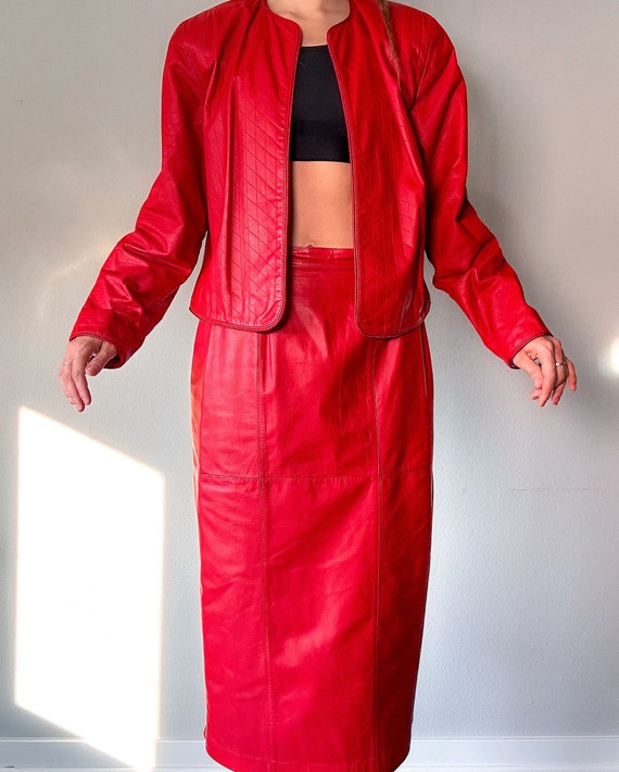 Vintage 80's Red Leather Suit from Evan Davies Siz