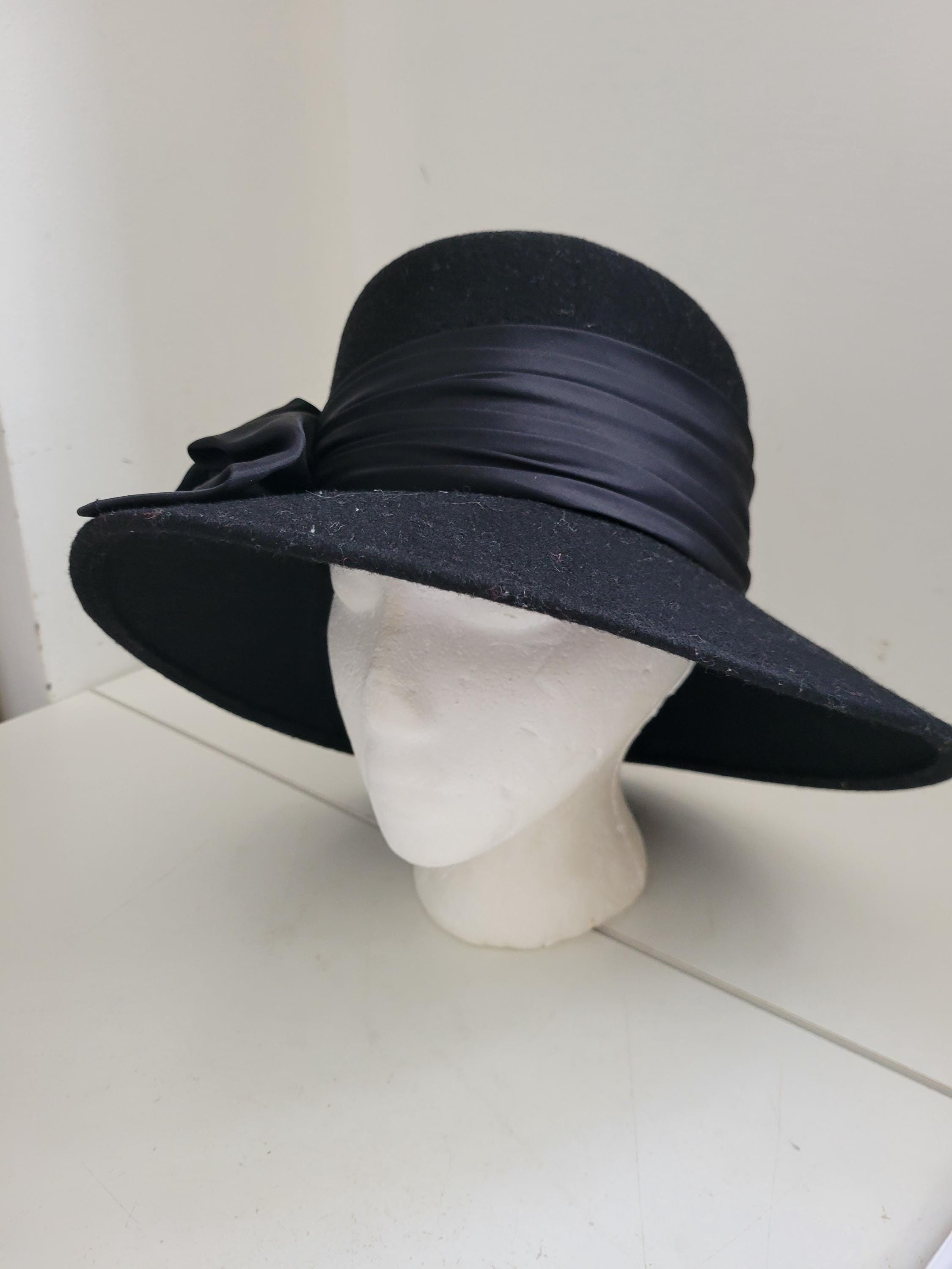 Vintage Black Laura AshleyWide Brim Hat with Side Bow Vintage Laura Ashley Fur Felt Hat: Black Velvet Bow, Made in  main image 2