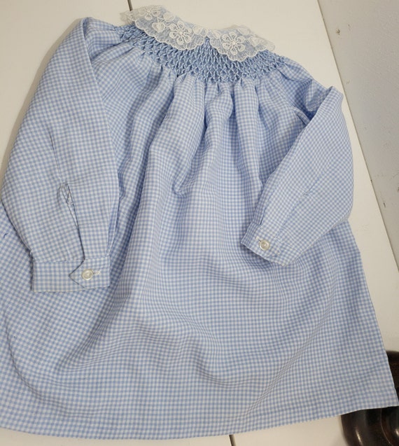 Vintage Blue Gingham Smocked Dress by Trevira - image 1
