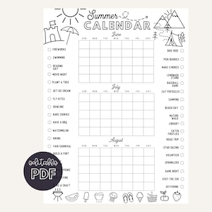 Sommeraktivitäten-Kalender-Poster: Bearbeitbare Checkliste (PDF)