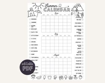 Summer Activities Calendar Poster: Editable Checklist (PDF)