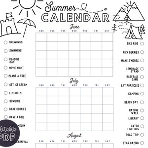 Druckbares Sommerkalender Poster | 24x36 und 24x36 | Sommer Aktivitäten Kalender | Sommer Bucket List | Checkliste Sommer | Bearbeitbares PDF