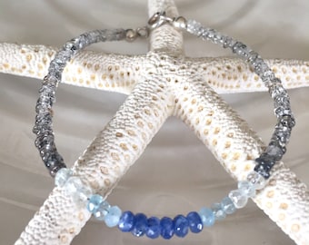 Dainty Shaded Rutilated Quartz, Precious Sapphire Beaded Bracelet, Delicate Stacking Bracelet in Sterling Silver