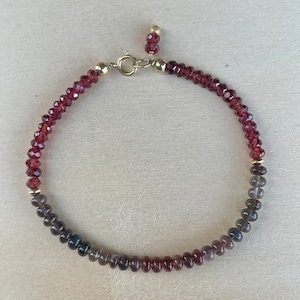 Plum and Grey Shaded Cats Eye and Garnet Beaded Stacking Bracelet in 14K Gold Filled. Beaded Gemstone Bracelet, Delicate Dainty Bracelet