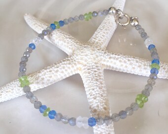 Spectrolite Labradorite Beaded Bracelet: Sterling Silver Gemstone Stacking Jewelry
